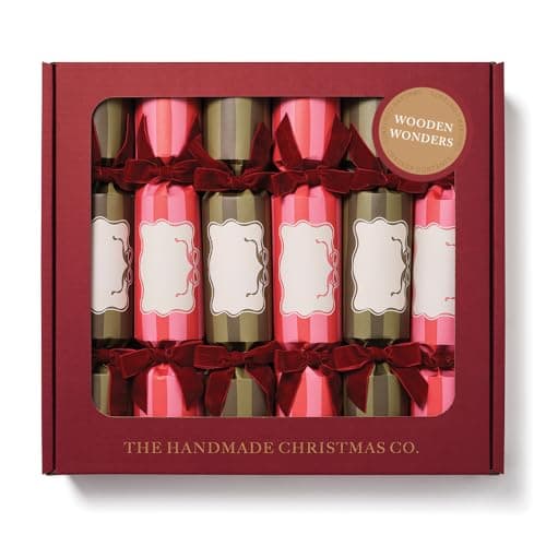 Image of 6 Luxury Christmas Crackers - Hand Finished in London - Merry & Bright by Handmade Christmas Co - Choose Contents from Games, Candles, Seedballs or Cocktails (Wooden Toys)