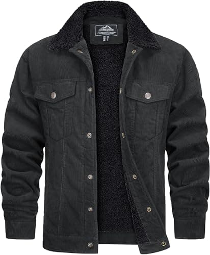 Image of TACVASEN Corduroy Jacket Men Winter Sherpa Fleece Lined Lumberjack Jacket Outdoor Thick Warm Trucker Coat with Lapel Collar Dark Grey, XL