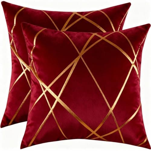 Image of Miuyunya Pack of 2 Velvet Cushion Covers 45 x 45 cm Luxury Gold Striped Decorative Throw Pillow Covers Red Soft Square Cushion Case Couch Pillowcases for Sofa Living Room Bedroom