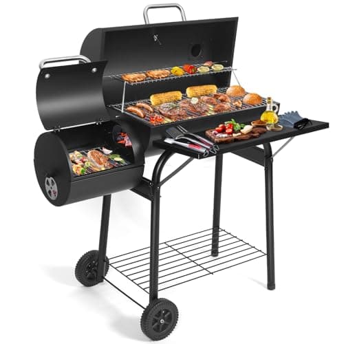 Image of Charcoal BBQ Grill With Offset Smoker: Large Oil Drum Barbecue Barrel Grill For Outdoor Garden