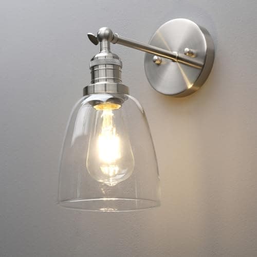 Image of Phansthy Industrial Retro Style Wall Lights Bell Shaped Clear Glass Shade Vintage Wall Sconces E27 Bulbs Indoor Light Loft Bar Kitchen Lamp Bedroom Vanity Mirror Lighting (Brushed)