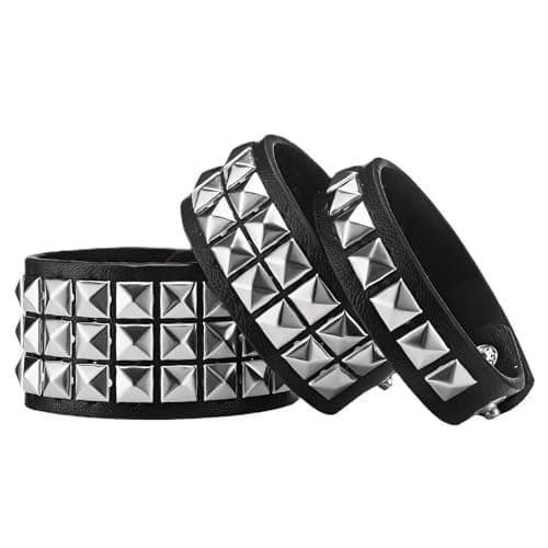 Image of kcrnw 3Pcs Black Leather Punk Studded Bracelets for Men & Women, Gothic Cuff Wristbands, Adjustable Silver Rock Bangle Set with Silver Studs for Daily Wear Cosplay Stage Performance Party Concerts