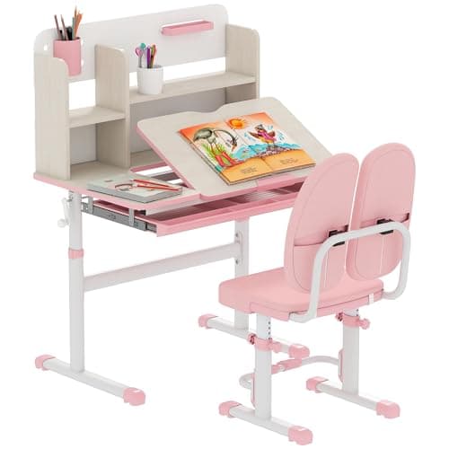 Image of HOMCOM Kids Desk and Chair Set, Height Adjustable Kids Study Table and Chair Set with Storage Shelves, Washable Cover, Anti-Slip Mat and Tilted Desktop, for Ages 3-12 Years - Pink