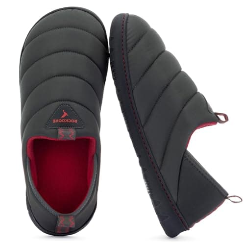 Image of RockDove Men's Pufflite Two-Tone Quilted Loafer Slipper with Indoor/Outdoor Sole, Size 9 UK Men, Dark Grey and Red