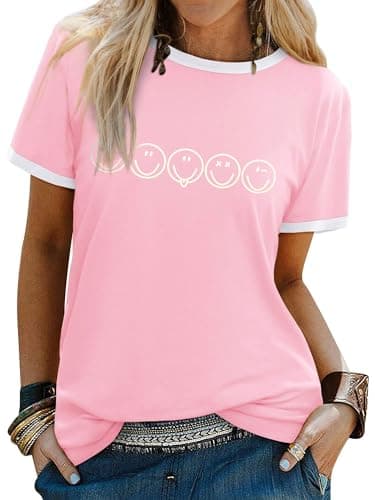 Image of WIEIYM T Shirt Women Crew Neck T-Shirts Summer Tee Smile Graphic Tshirt Happy Unisex Basic Cotton Tops