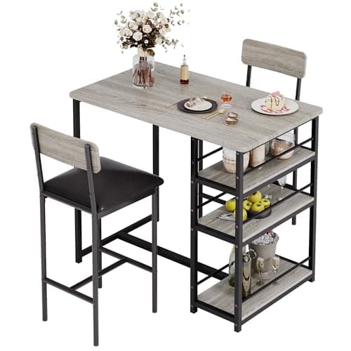 Image of Aptliton Breakfast Bar Table and Stools Set, 3 Piece Bar Table Set Including Space Saving Bar Table and PU Leather Stools for 2, Dining Bar Tables Footrest and Storage Shelf for Kitchen(Grey)