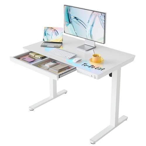 Image of HUANUO ONE PIECE Electric Standing Desk, Height Adjustable Desk with Drawer, 100 x 60cm, Sit Stand Desk with Glass top, USB Charging Ports & 3 Memory Height Settings, Warm White, Home Office