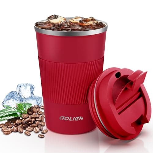 Image of Aolieh Travel Mug 380 ml, Insulated Coffee Cup with Lid, Reusable Stainless Steel Thermal Cup for Coffee, Tea & Cold Drinks, Leak-Resistant Double-Walled Travel Mug, Red