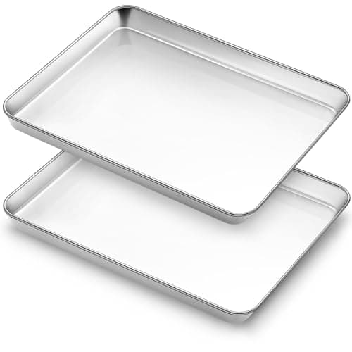 Image of Baking Tray Set of 2, Bastwe Stainless Steel Oven Trays, Large Professional Baking Sheets Pans for Cooking Serving, Non Toxic & Rust Free, Mirror Finished & Dishwasher Safe (17.4X 12.3 x 1 inch)