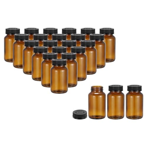 Image of PATIKIL 6.8oz/200ml Glass Packer Bottles, 24Pcs Round Wide Mouth Bottle Packer Bottles with Black Ribbed Lid for Reagent Liquids, Essential Oils, Perfume, Amber