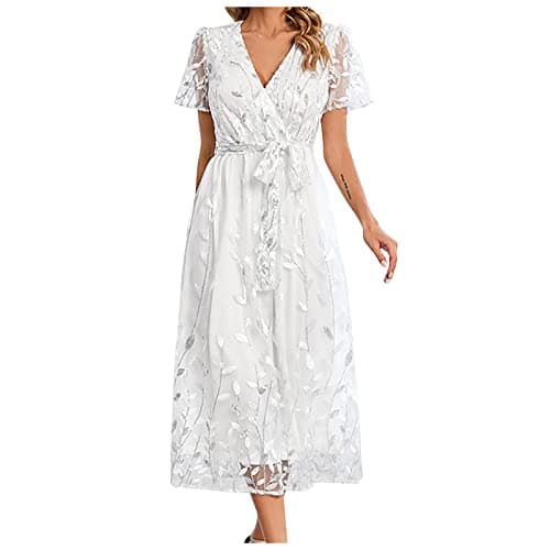 Image of Zeiayuas Cocktail Party Work Dress for Women UK Elegant V Neck Short Sleeve Midi Dress Evening Party Formal Tunic Dresses Ladies Embroidered Floral Lace Mesh Dresses White