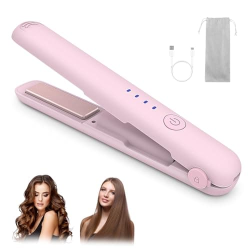 Image of Cordless Hair Straightener, Mini Cordless Hair Straightener & Curling Wand, 3000mAh Battery, USB-C Charging, 4 Temperature Settings Adjustable for Short to Long Hair (Pink)
