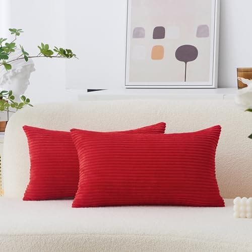 Image of Home Brilliant Red Cushion Covers Pack of 2, 30x50 Cushion Cover for Party Soft Striped Corduroy Chirstmas Decorative Scatter Cushions for Chair Sofa Bed Couch, (30 x 50 cm, Red)