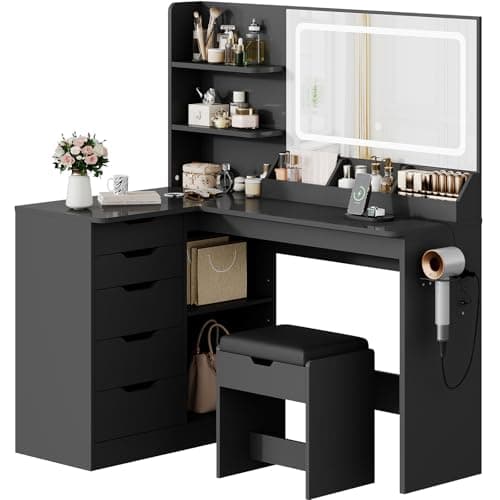 Image of TRIUMPHKEY Dressing Table with Stool,Vanity Desk with 5 Drawers,Power Outlet,Corner Makeup Table with 3 Colors LED Mirror,Open Shelves,Bedroom Furniture for Women Girls (Black)