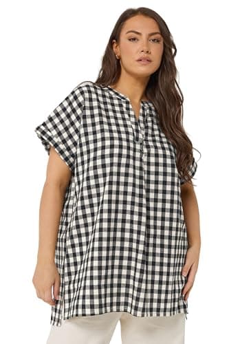 Image of Yours Curve Natural Brown Check Overhead Half Placket Shirt - Women's - Plus Size Curve