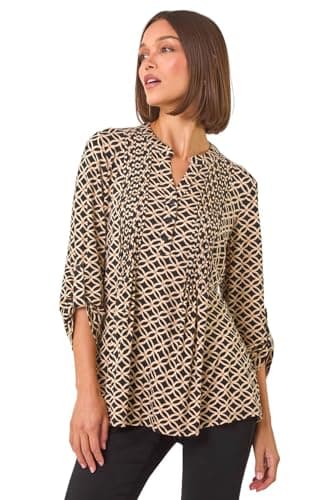 Image of Roman Originals Pintuck Shirt for Women Ladies Jersey Blouse Collarless Top Flare Crinkle Notch Neck Tunic 3/4 Length Sleeve Longline Smart Casual Party Going Out - Noir Beige - Size 18