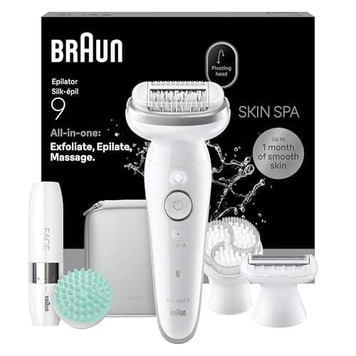 Image of Braun Silk·épil 9 SkinSpa Epilator, All-in-One Set, Electric Hair Remover with Pivoting Head, Wet & Dry Lady Shaver, with Exfoliation Brush, Massage Pad and Grooming Attachments, Silver 9-381