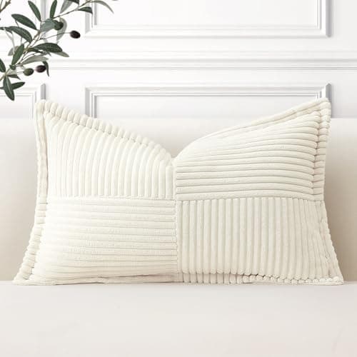 Image of Artscope Striped Corduroy Cushion Covers with Splicing Super Soft Boho Pillow Covers Broadside Decorative Textured Throw Pillows for Couch Sofa Bed Living Room 30x50cm, Cream Beige
