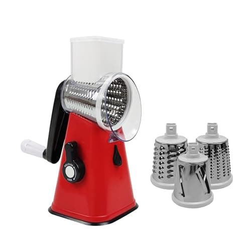 Image of AMOS Rotary Multifunction Cheese Grater, Vegetable Fruit Slicer with Three Stainless Steel Drum Blades Red