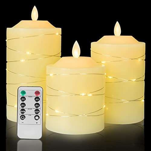 Image of Nancia Battery Operated Led Flameless Candles :with Embedded String Lights,3 Pack Ivory Flickering Electric Candle lamp,with 10-Key Remote Control and Cycle 24 Hours Timer Festival, Party, Home Decor