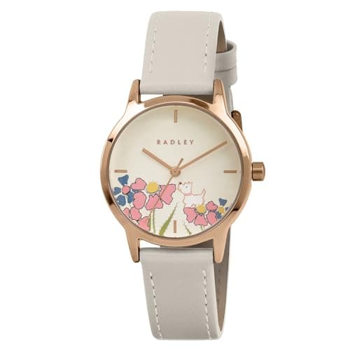 Image of RADLEY Women's Rose Gold Plated Floral Dog Dial Salt Leather Strap Watch