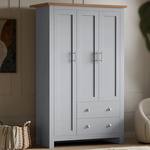Image of Blisswood 3 Door Wardrobe with 2 Drawers & Hanging Rail – Grey Bedroom Wardrobe with 5 Shelves, Wooden Clothes Storage Cupboard Unit, Triple Wardrobe for Bedroom Furniture Grey & Oak