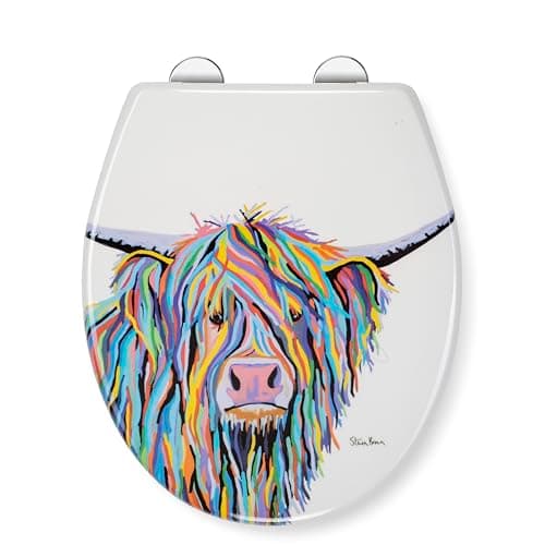 Image of Croydex Steven Brown Angus McCoo Flexi-Fix Soft Close Toilet Seat - with Quick Release with Adjustable Hinges, Durable Polypropylene Plastic with Top and Bottom Fixings (Highland Cow)