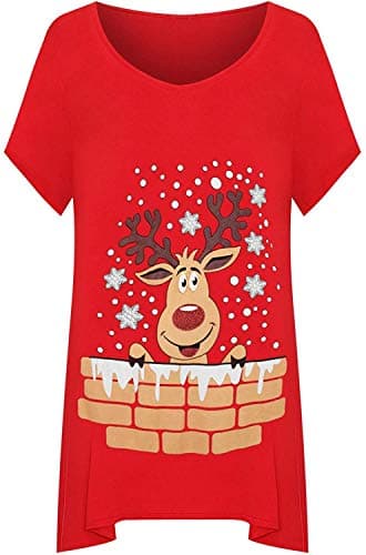 Image of GirlzWalk Women's Plus Short Sleeve Reindeer Snowflake Hanky Hem Long Top Ladies T-Shirt (XXXXL, Red)