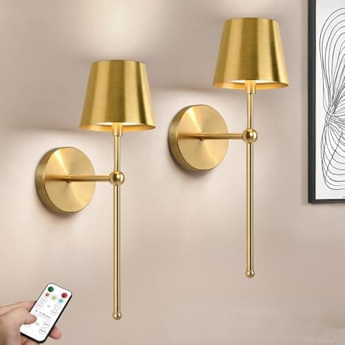Image of Kimjo 5200mAh Battery Operated Wall Lights, Vintage Gold Rechargeable Wall Lights Indoor with Remote, Wireless Wall Sconces Set of 2, Dimmable Wall Mounted Lamp for Living Rooms, Bedroom, Hallways