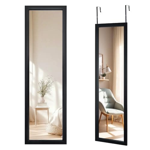 Image of CROWNSHOP Full Length Mirror 110x33cm - Over The Door Mirror with Adjustable Hooks | Wall Mounted Large HD Tempered Glass Full Body Mirrors for Bedroom, Bathroom, Wardrobe (Black)