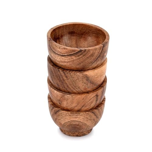 Image of Mahasu Snack & Dip Bowl Acacia Wood Set of 4 for Dipping Sauce, Salsa, Prep, Salt & Condiments Round Side Dish Bowls for Gourmet Oil Dipping Spice for BBQ, Party(7.62cm x 7.62cm x 5.08cm)