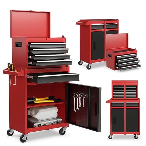 Image of GiantexUK Tool Cabinet, 2 in 1 Lockable Metal Tool Chest with Removable Top Cabinet, Wheels, 5/6 Drawers, Pegboard & Hooks, Heavy-duty Rolling Tool Box Trolley (with Adjustable Shelf, Black+Red)