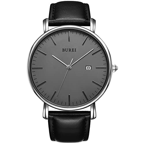 Image of BUREI Men's Watches, Classic Analogue Dial with Date Japanese Quartz and Ultra-Thin Stainless Steel Mesh Band (Grey Black, Leather)