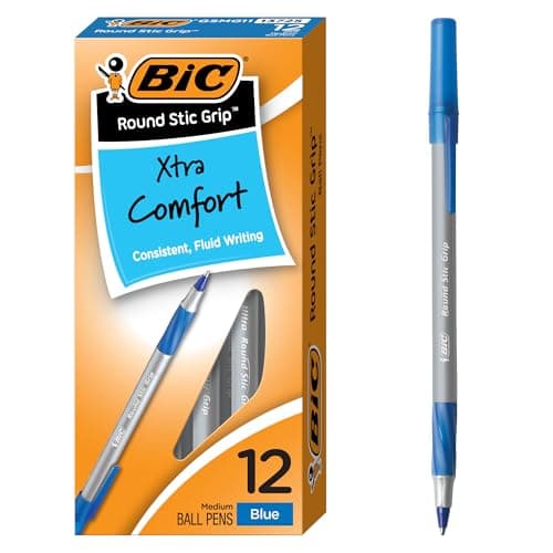 Image of BIC Round Stic Grip Xtra Comfort Ball Pen, Medium Point (1.2 mm), Blue, 12-Count