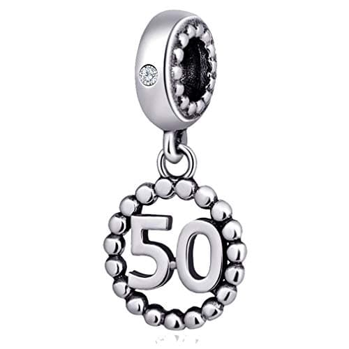 Image of Number Bracelet Charms - 925 Sterling Silver Pendants/Beads Fit Pandora Charm Bracelets, Necklace, and European Snake Chain, Dangling/Dangle Charm for Birthday.(Number 50)