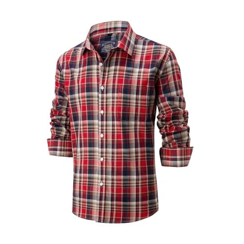 Image of Lonvera1840 Men’s 100% Cotton Plaid Shirt, Long Sleeve Regular Fit with Pocket, Classic Tartan Check, Smart Casual Shirt for Work & Weekend, S–4XL (Red)