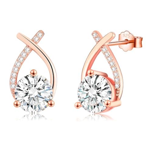 Image of Rose Gold Stud Earrings for Women, 925 Sterling Silver Stud Cubic Zirconia Studs, Dainty Hypoallergenic Gold Earrings for Women Men Girls