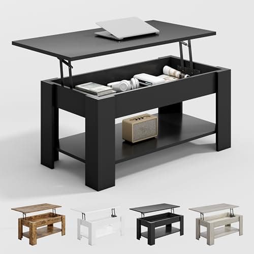 Image of mcc direct Lift-Top Coffee Table with Hidden Storage & Open Shelf – Versatile Wooden Tea Table for Living Room or Reception (Black)