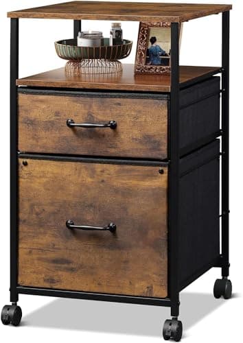 Image of DEVAISE 2 Drawer Mobile File Cabinet, Filing Cabinet with Open Storage Shelf, Fabric Vertical Under Desk Drawers fit A4 or Letter Size, Rustic Brown