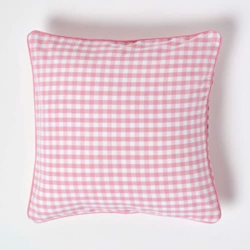Image of HOMESCAPES - 100% Cotton - Gingham Check - Cushion Cover - 45 x 45 cm Square - 18 x 18 Inches - Pink White - 100% Cotton Sofa Pillow Cushion Cover - Washable