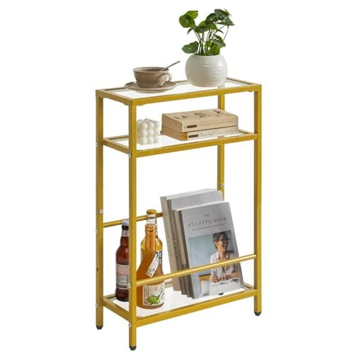 Image of IBUYKE Glass End Table for Small Space, Narrow Side Tables with Storage Shelf, Bedside Table Slim Nightstand with Magazine Holder, for Living Room Home Office, Clear Gold TMZ002G