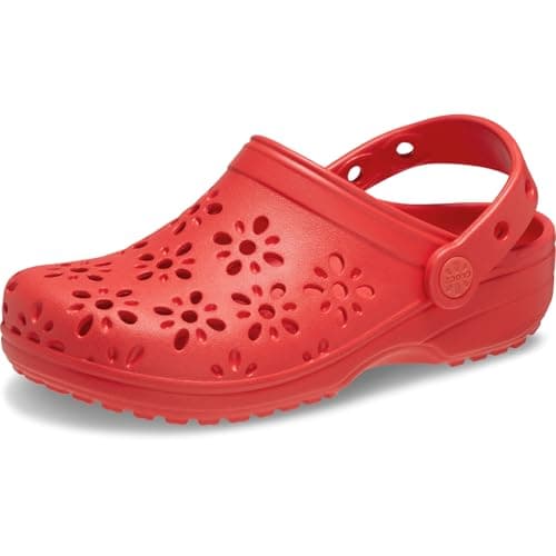 Image of Crocs Unisex-Child Classic Clogs with Floral Cut Out Design, Kids and Toddler Shoes, Cherry Red, 3 UK