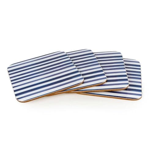 Image of Jeff Banks Set of 4 Stripe Coasters | 10cm Blue and White Square Cork Backed Nautical Drinks Coasters