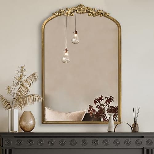 Image of PERFNIQUE Gold Vintage Mirror, 91 x 60cm Arched Antique Baroque Mirror for Wall, Brass Traditional Ornate Wall Decor for Bathroom, Living Room, Fireplace, Entryway, Hallway (91 x 60 cm)