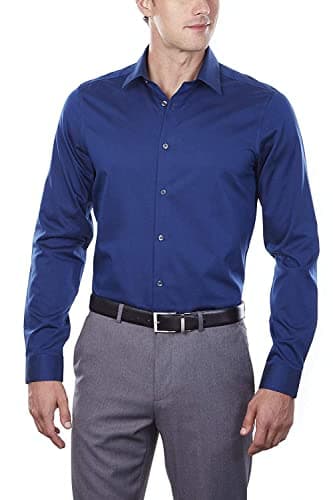 Image of Calvin Klein mensDress Shirt Slim Fit Non Iron Herringbone Point-Collar Long Sleeves Dress Shirt - Blue - 17" Neck 34"-35" Sleeve