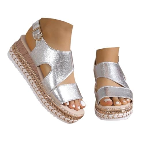 Image of UK Size 4.5 Summer Wedge Sandals for Women flatform Open Toe Ankle Back Strap Espadrille Sandals Peep Toe Platform Slingback Sandles Side Casual Shoes Sandle Footwear Silver