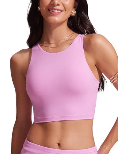 Image of CRZ YOGA Women's Racerback Bikini Tops Quick Dry Modest Swimsuit Top Sports Padded Bathing Suit Vita Pink 12
