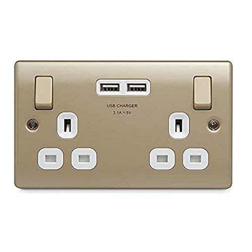 Image of BG Electrical NPR22U3W Nexus Metal Pearl Nickel Double Switched 13A Power Socket With USB Charging - 2X USB Sockets (3.1A) White Insert