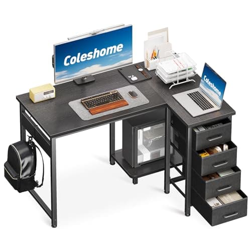 Image of Coleshome Computer Desk with Drawers, 100x70 cm Corner Desk for Home Office, Reversible L Shaped Office Desks Black