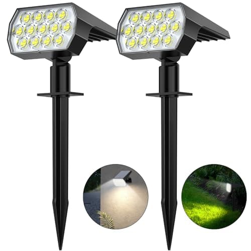Image of Flaow Solar Garden Lights, 65 LED Spot Lights Outdoor, 6500K Cool White Powered Waterproof Landscape Spotlights, Dusk-to-Dawn for Pathway Wall Porch, 2 Pack